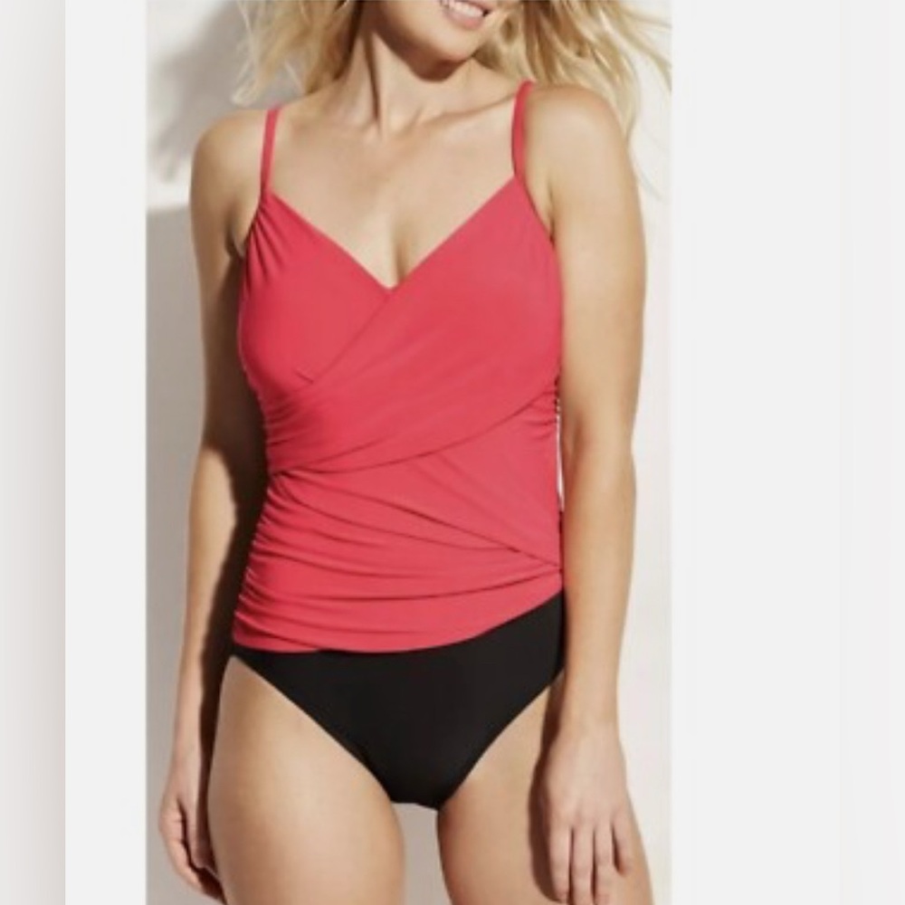 Aqua Green Coral Pink Wrap Style One Piece Bathing Suit Slimming Size XL VNeck